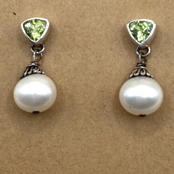 Sterling Silver Green Peridot White Pearl Drop Earrings 925 Pierced Posts - Picture 2 of 9